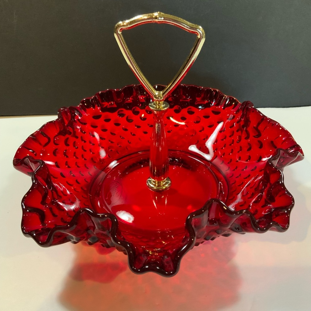 Fenton Crimped Edge Red Handled Hobnail Handled Candy Trinket Dish Vintage